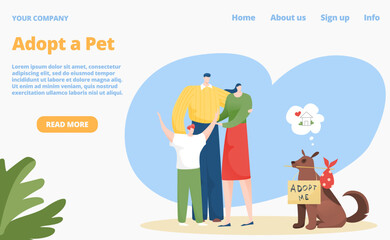 Family adopt pet dog, landing page concept, vector illustration. Animal adoption to flat man woman child character family, web banner design.