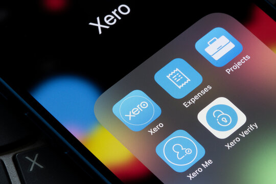 Portland, OR, USA - Dec 7, 2022: Xero Accounting, Expenses, Projects, Xero Me, and Xero Verify app icons are seen on an iPhone. Xero is a New Zealand-based accounting software company.