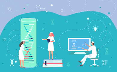 Laboratory for biology science research with dna, vector illustration, flat medical scientist, doctor character use biotechnology for lab experiment.