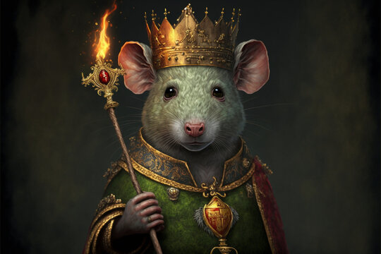 portrait of a Olive-Green Rat wearing a crown and holding a sceptre,digital art,illustration,Design,vector,art