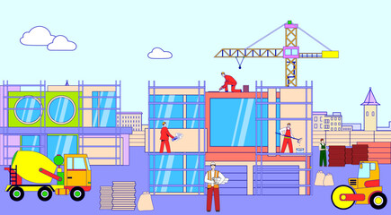 Fototapeta premium House construction, site with equipment, vector illustration, flat man builder character work with industry crane at urban architecture development.