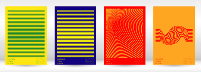 Geometrical Poster Design with Optical Illusion Effect.  Modern Psychedelic Cover Page Collection. Colourful Wave Lines Background. Fluid Stripes Art. Swiss Design. Vector Illustration for Brochure.