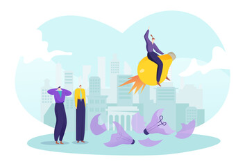 Business idea fly to success concept, vector illustration, flat tiny woman character go up at innovation light bulb, man worker stand