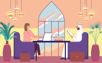 Business meeting at restaurant, vector illustration, flat people worker character drink tea at cafe, woman worker use laptop, arabic man reading