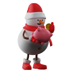  3D illustration. Snowman 3D character illustration saves money. holding a piggy bank and gold coins. showing a cheerful smile. 3D Cartoon Character