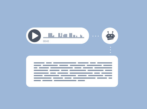 Recognition of speech, convert online voice messages into text using neural networks or AI online bot. Voice messages icon and online text bubble flat design illustration