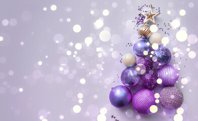 Fototapeta na wymiar Christmas or New Year's flat lay composition of various decorative elements, sparkles and Christmas toys in purple tones with bokeh lights on a lilac background. top view. copy space