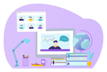 Distance learning online, vector illustration, internet teacher character at computer screen, student at video lesson technology, digital school