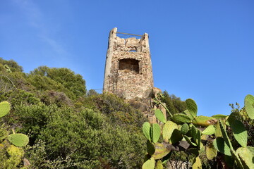 ruins od watch tower in village Abatax near town Tortoli,Sardinia - obrazy, fototapety, plakaty