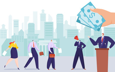 Election corruption, vector illustration,flat man politician candidate stand at podium, assistant with loudspeaker call people voter