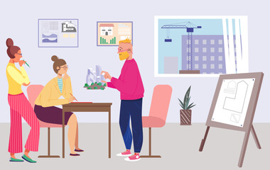 Architect team work with construction project concept, vector illustration, flat engineer man woman character look at building architecture model