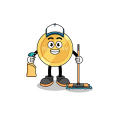 Character mascot of malaysian ringgit as a cleaning services