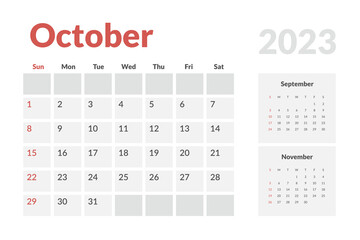 Monthly Calendar Template of october 2023. Vector simple gray grid layout for wall or desk calendar with week start on Monday for print