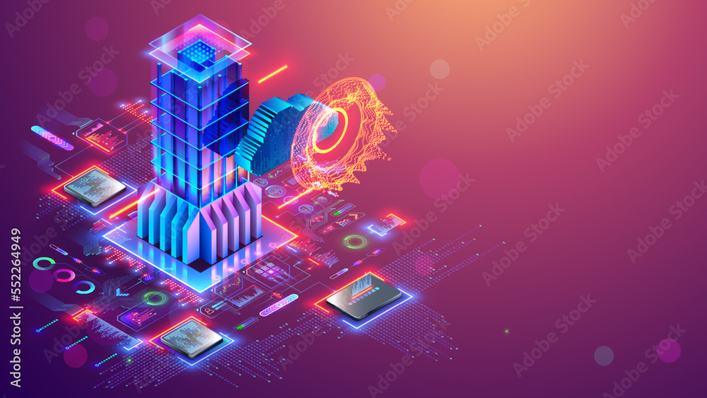 Aufkleber Data storage, cloud computing, computer networks communications conceptual banner. Database in image skyscraper. Digital hardware and electronics technology conceptual banner. Cloud internet storage.