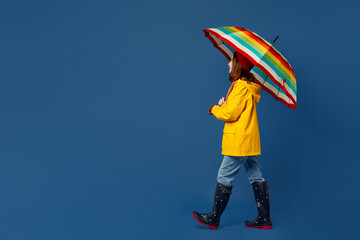 Full body side view young woman in sweater red hat yellow waterproof raincoat hold opened colorful umbrella isolated on plain dark royal navy blue background Outdoors wet fall weather season concept - obrazy, fototapety, plakaty