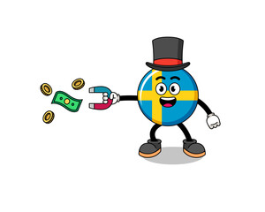 Character Illustration of sweden flag catching money with a magnet