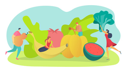 Healthy food for vegan lifestyle concept, vector illustration, vegetarian diet with fruit, vegetables, flat tiny man woman character