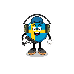 Character mascot of sweden flag doing shooting range