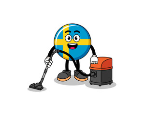 Character mascot of sweden flag holding vacuum cleaner