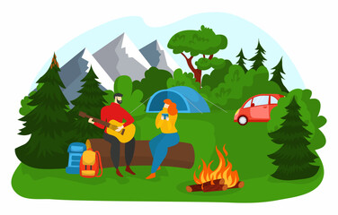 Couple travel in forest, vector illustration, flat woman man character at summer hiking adventure outdoor, tourism vacation at nature.