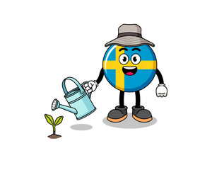 Illustration of sweden flag cartoon watering the plant
