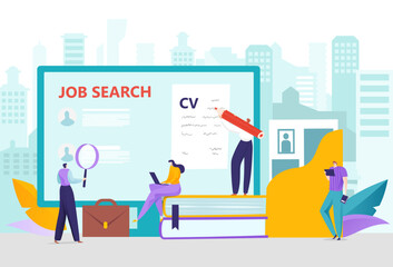 Job search at computer, vector illustration, recruitment at work online, flat tiny people character hiring in internet, professional employment.