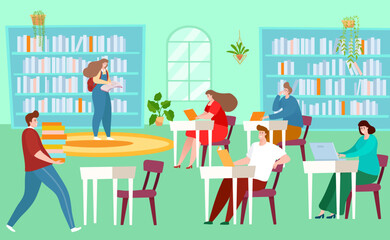 Library interior with books, vector illustration, flat woman man character get education with literature knowledge, reading near bookcafe shelf.