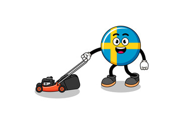 sweden flag illustration cartoon holding lawn mower