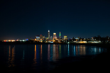 Fototapeta na wymiar Nighttime photo of colorful Cleveland lights.