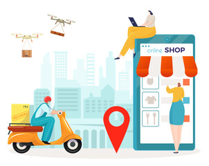 Delivery service, order in online shop, vector illustration, flat tiny woman character use smartphone laptop for shopping, shipping box by drone.