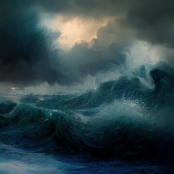 Illustration Of A Storm In The Middle Of The Ocean With Huge Waves And Grey Sky, Generative AI, Generative, AI