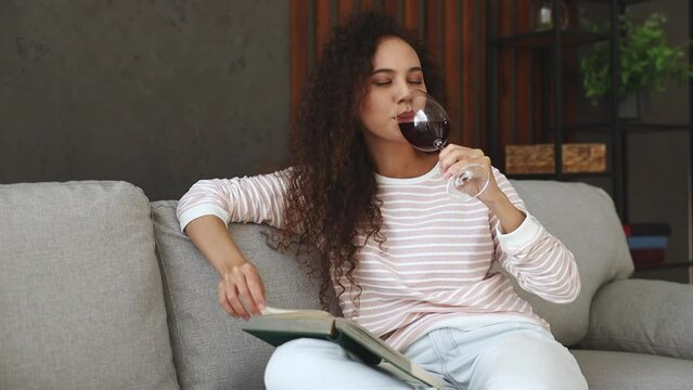 Young happy woman wear casual clothes sits on grey sofa couch hold glass of wine drink read book stay at home hotel flat rest relax spend free spare time in living room indoor. People lounge concept