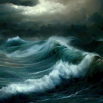 Illustration Of A Storm In The Middle Of The Ocean With Huge Waves And Grey Sky, Generative AI, Generative, AI