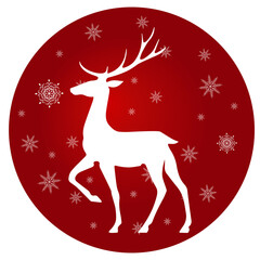 Stylized Christmas deer decorated with snowflakes isolated on red background in circle shape