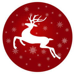 Stylized Christmas deer decorated with snowflakes isolated on red background in circle shape