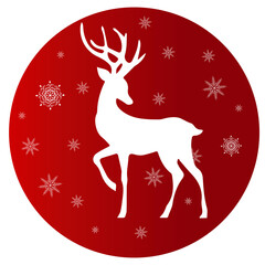 Stylized Christmas deer decorated with snowflakes isolated on red background in circle shape