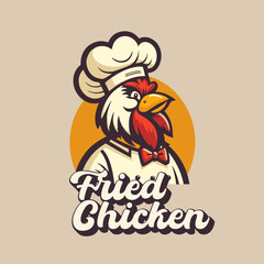 illustration of fried chicken rooster chef mascot logo for food restaurant concept branding in vector cartoon style