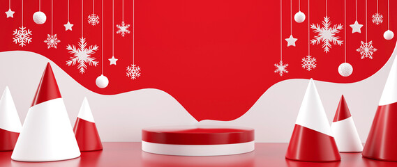 Modern, Trendy Red And White Podium / Stage With Christmas Trees And Hanging Decorations. Empty Space New Year Background - 3D Illustration	
