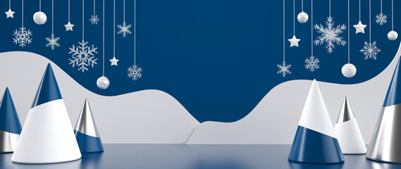 Modern, Trendy Blue And White Podium / Stage With Christmas Trees And Hanging Decorations. Empty Space New Year Background - 3D Illustration