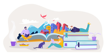 Reading book education, vector illustration, flat people character sit near open literature with buildings, mountain, birds, man read story in library.