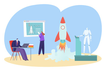 Business startup rocket launch concept, vector illustration, flat man woman character make innovation with spaceship drawing, guy use laptop.