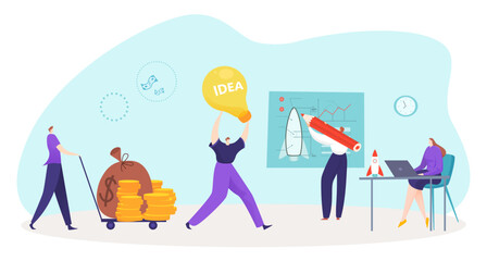 Creative idea technology development concept, vector illustration, success teamwork with rocket project drawing, innovation startup