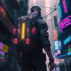 Fototapeta na wymiar futuristic human with backpack created by generative ai