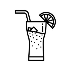 Orange juice icon with glass, straw, ice cube and orange slices