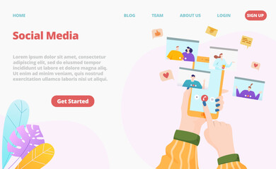 Online conference at social media, website design concept, vector illustration, hand hold smartphone with video call technology, people character