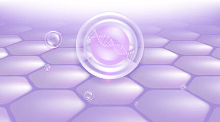 Hyaluronic acid hair and skin solutions ad, purple collagen serum drop over skin cells with cosmetic advertising background ready to use, illustration vector.
