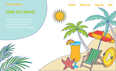 Timr to travel, landing banner, vector illustration, vacation at tropical summer beach with sea, tourism at season holiday, ocean neture, web page