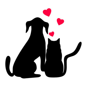 Vector silhouettes of cat and dog sitting together with red love symbol on white background. Great for logos for pet shops, animal lovers and friends.