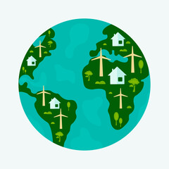 icon, sticker, button on the theme of saving and renewable energy with earth, planet, houses and wind turbines
