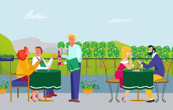 Drink wine at vineyard, vector illustration, flat man woman charcaetr rest at winery, couple sitting at restaurant table with glass, tasting alcolol.